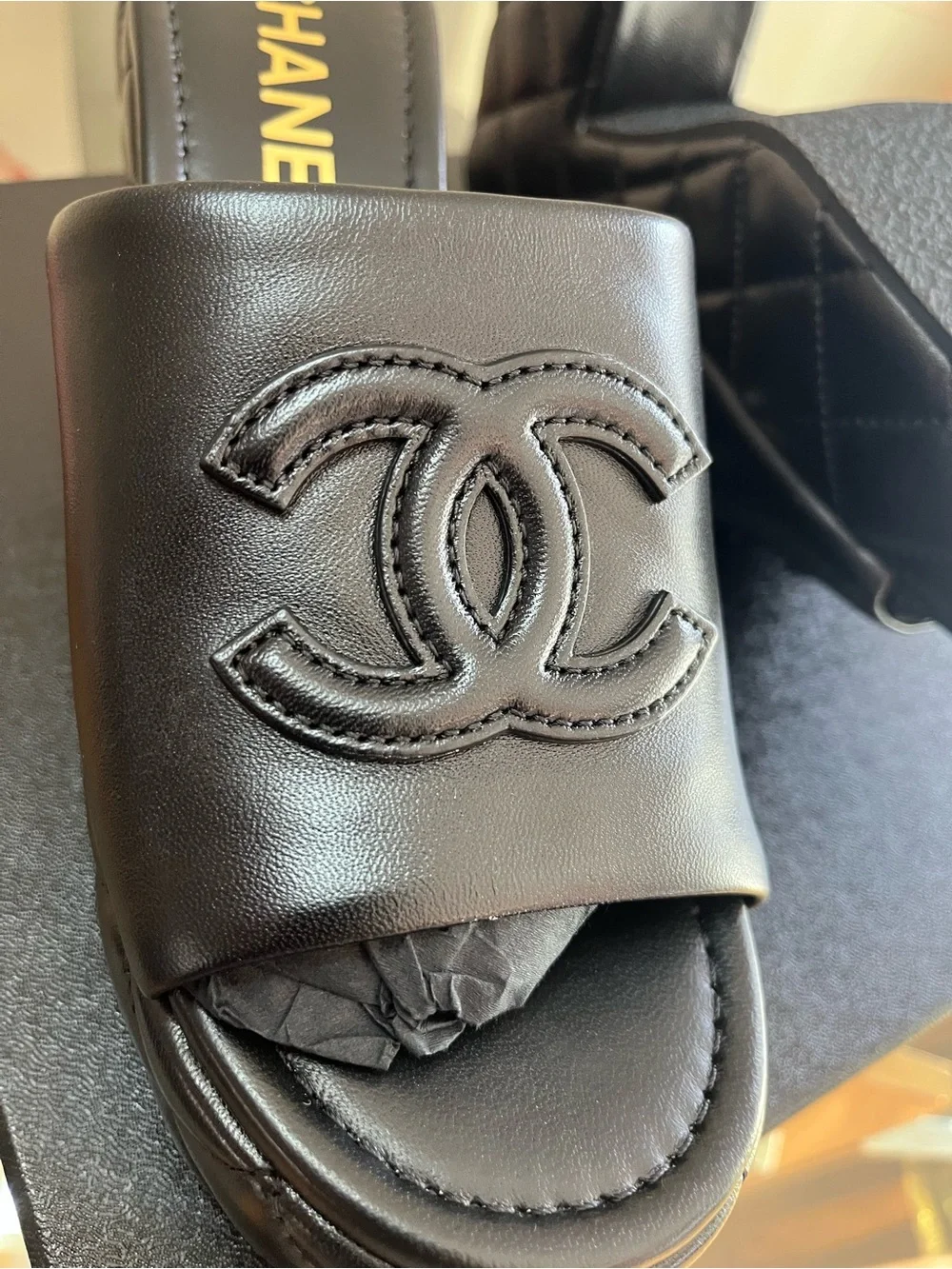 CHANEL Black Quilted Leather Platform Mules with CC Logo